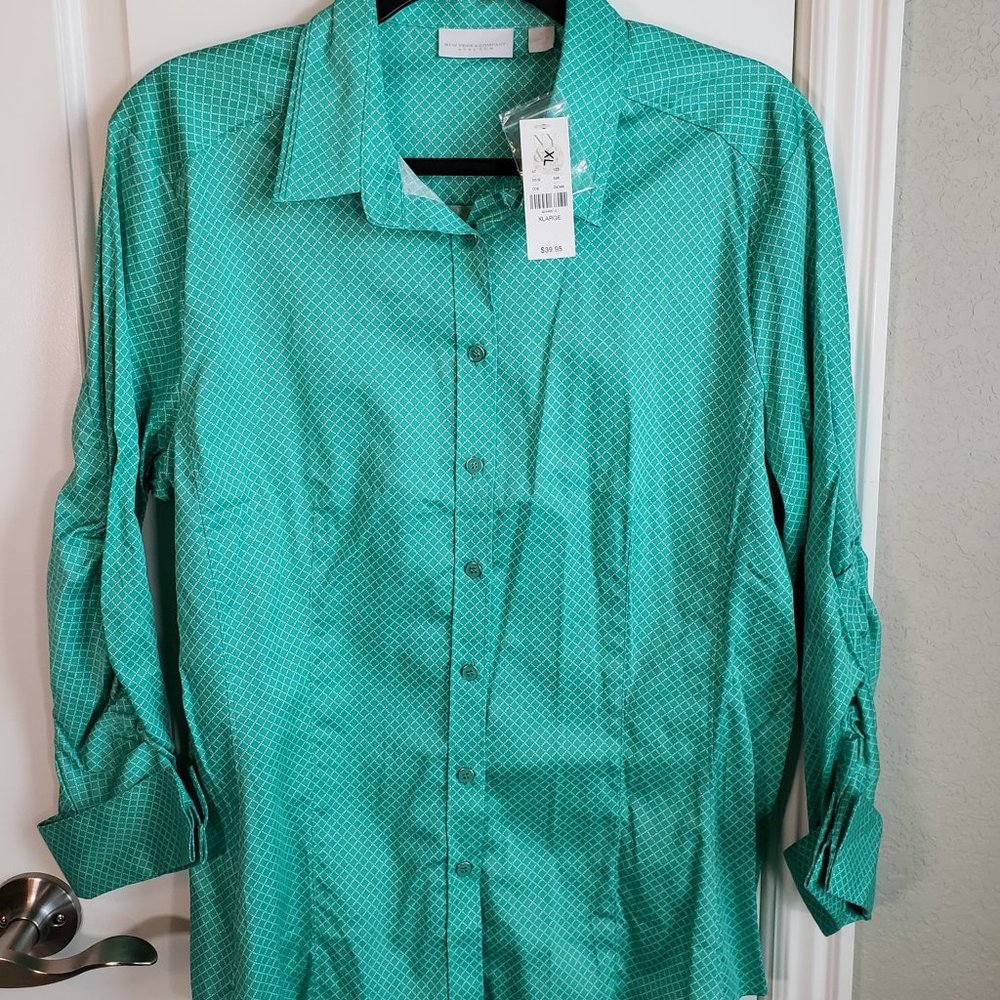 New York & Company Green and White Button Down Shirt NWT